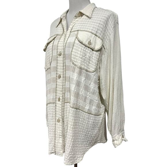 Saint Germain Paris Vintage Womens Sz L Button Up Top Beige Cream Check Pockets - Picture 3 of 9